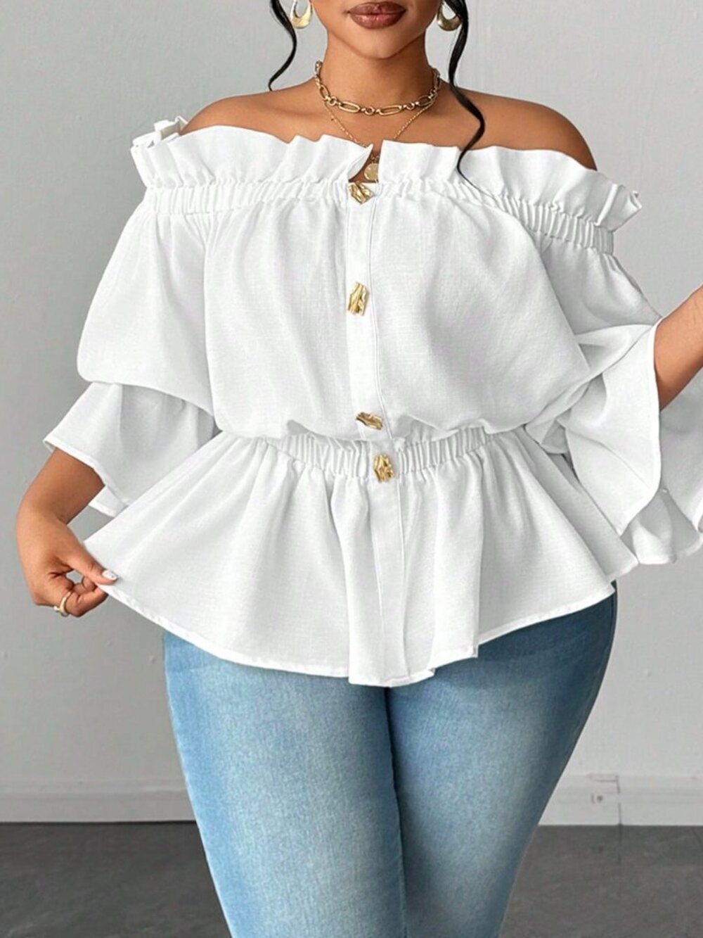 White Casual Women's Plus Size Off Shoulder Frill Trim Blouse
